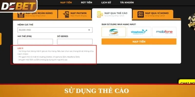 Sử dụng thẻ cào điện thoại để nạp tiền Debet